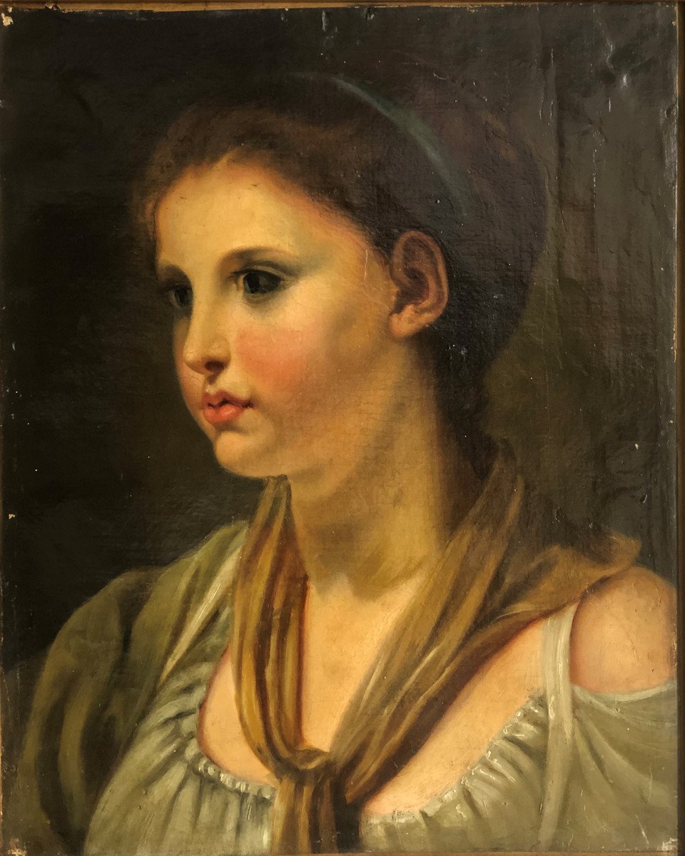 Huile sur papier marouflée sur toile début XIX°: "Buste de femme à l'antique" Néo-classique-photo-2