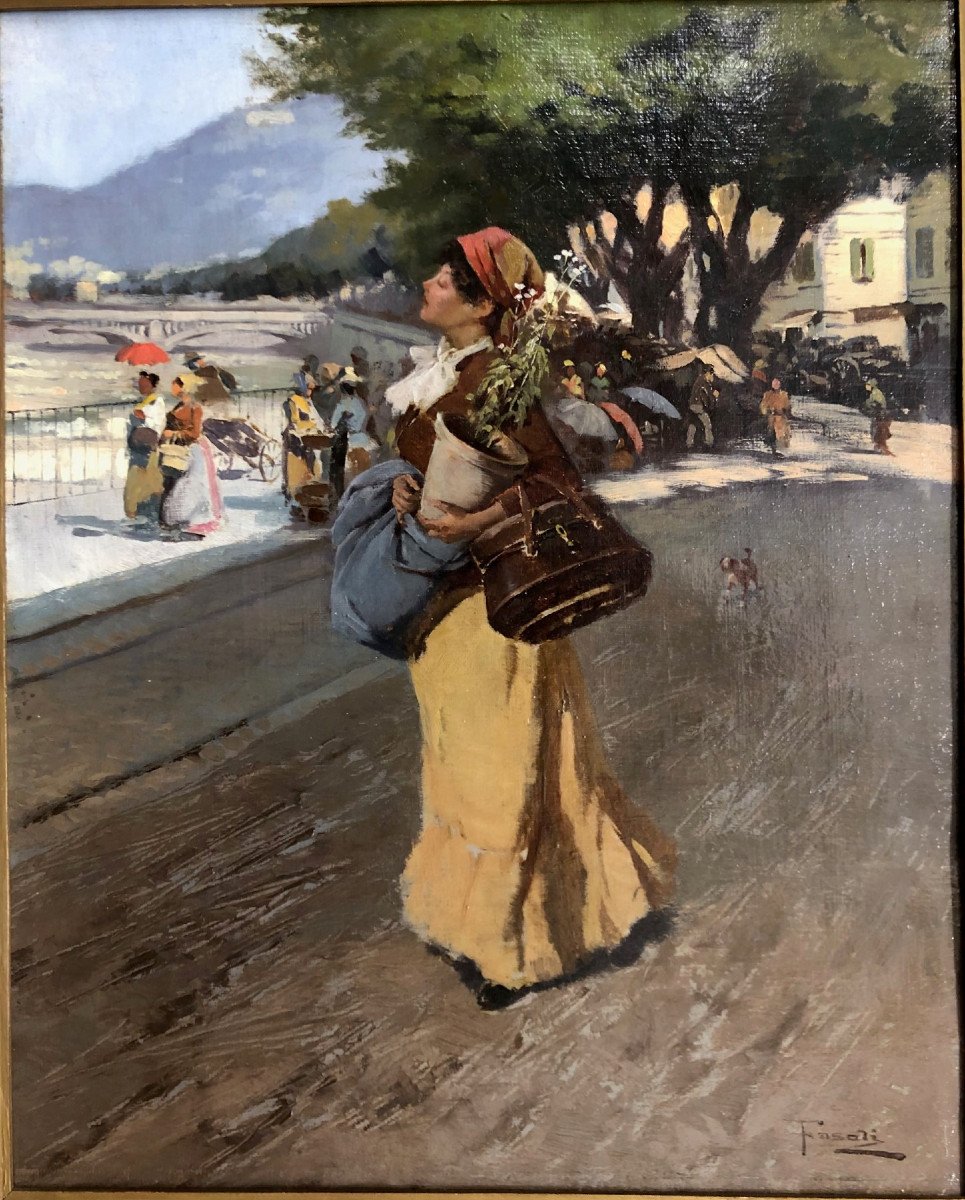 Ecole italienne du XIX° signée Fasoli:"Niçoise, près du Paillon de retour du marché aux fleurs"-photo-2