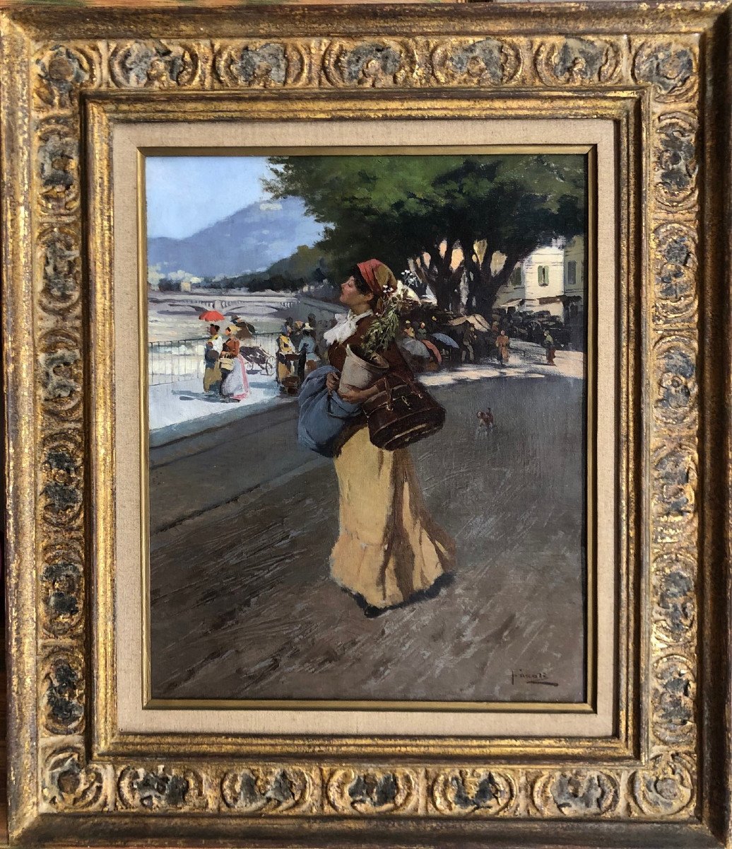 Ecole italienne du XIX° signée Fasoli:"Niçoise, près du Paillon de retour du marché aux fleurs"-photo-3