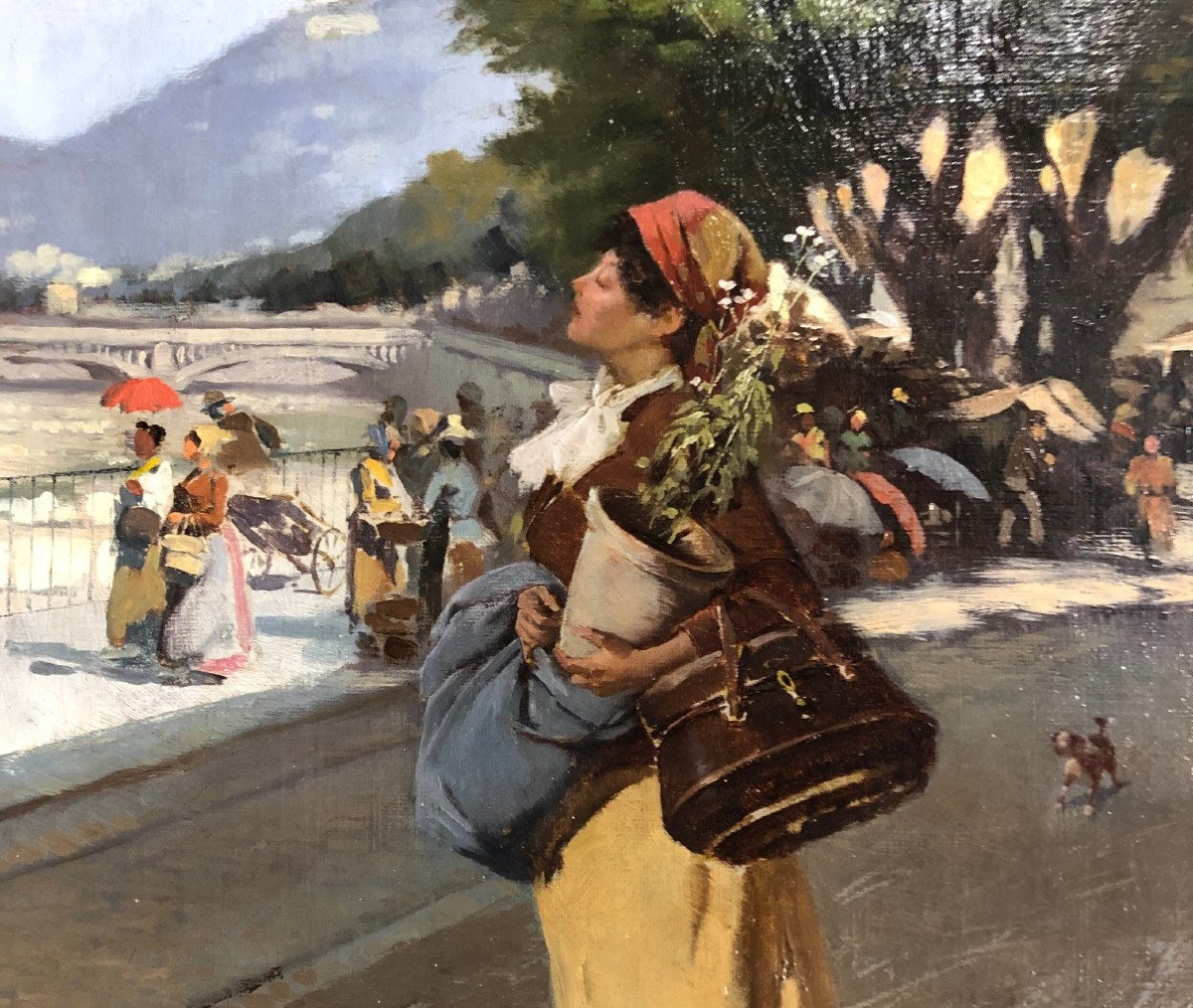 Ecole italienne du XIX° signée Fasoli:"Niçoise, près du Paillon de retour du marché aux fleurs"