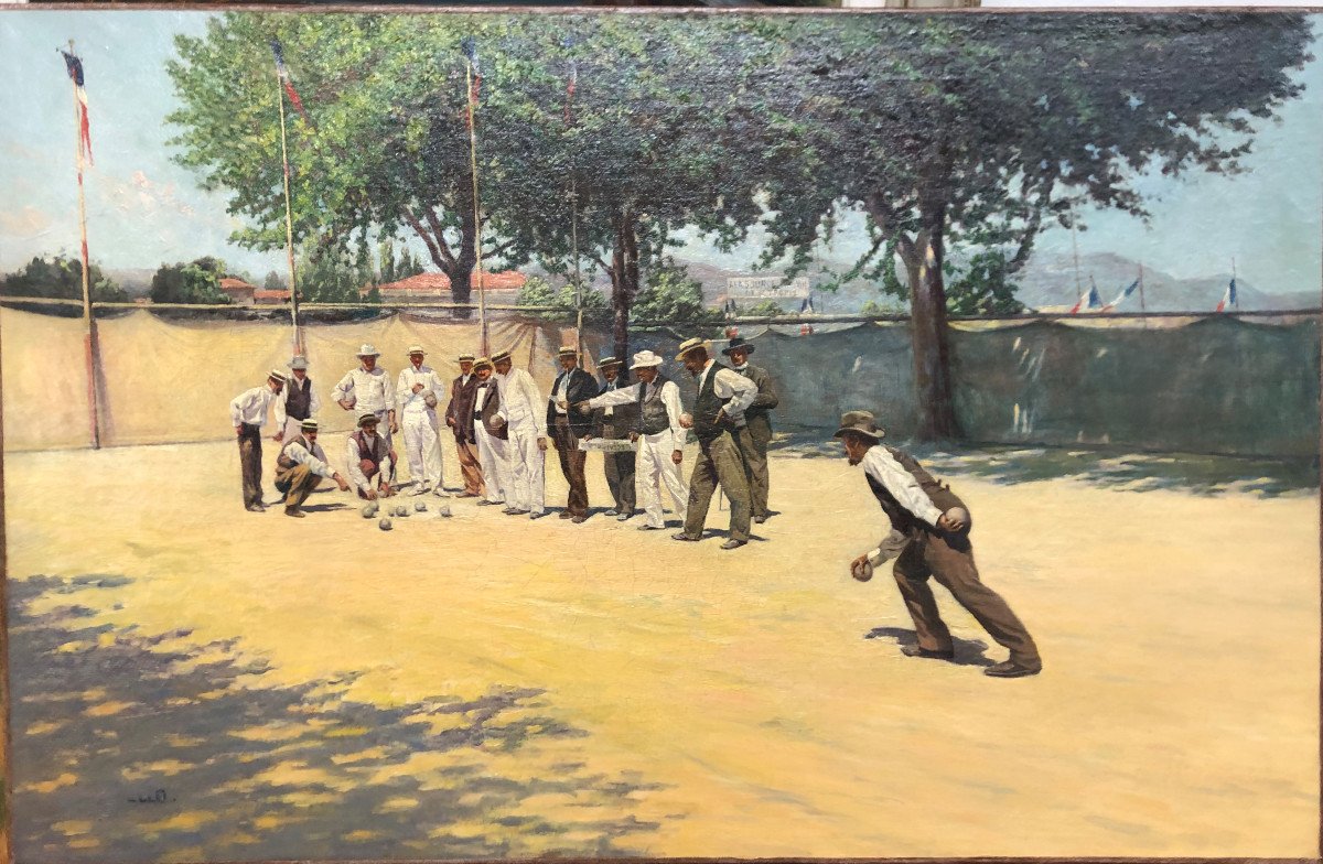 Ecole française vers 1900: "La partie de boules à St Tropez"; attribué à Leonetto Cappiello-photo-2
