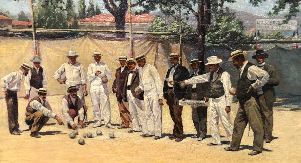 Ecole française vers 1900: "La partie de boules à St Tropez"; attribué à Leonetto Cappiello-photo-4
