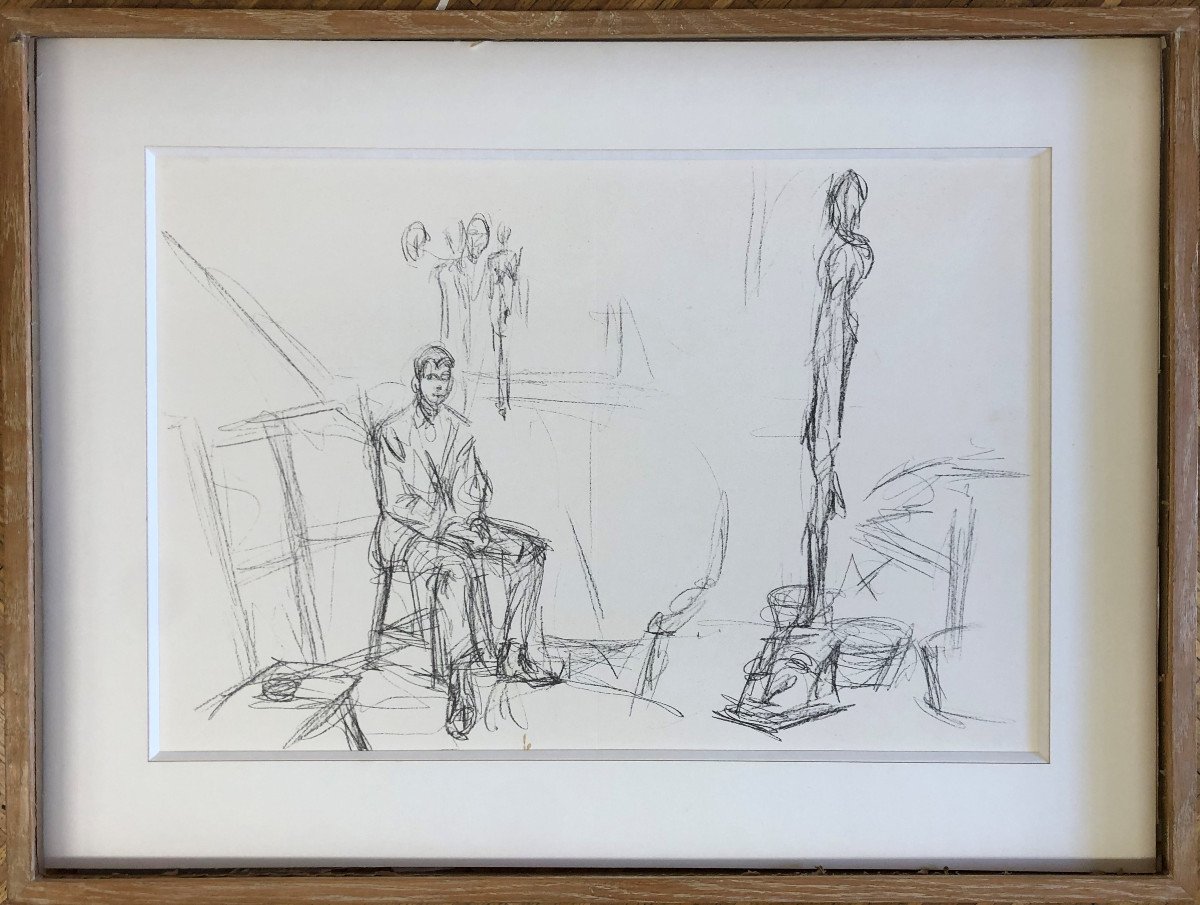 Alberto Giacometti 1901-1966: Seated Man And Sculpture, 1961 Lithograph On A Double Page.