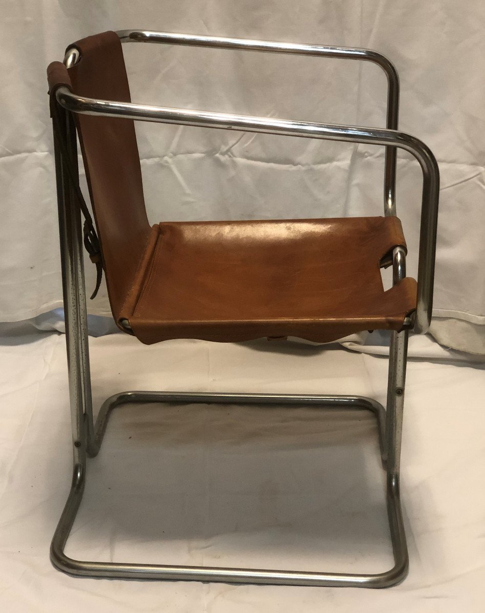Piero Batini (xx°) Italy Design: "armchair In Chromed Tubular Steel And Leather" Signed On The Leather-photo-4