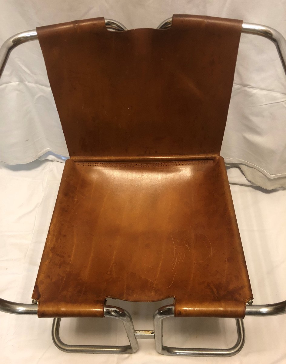Piero Batini (xx°) Italy Design: "armchair In Chromed Tubular Steel And Leather" Signed On The Leather-photo-6