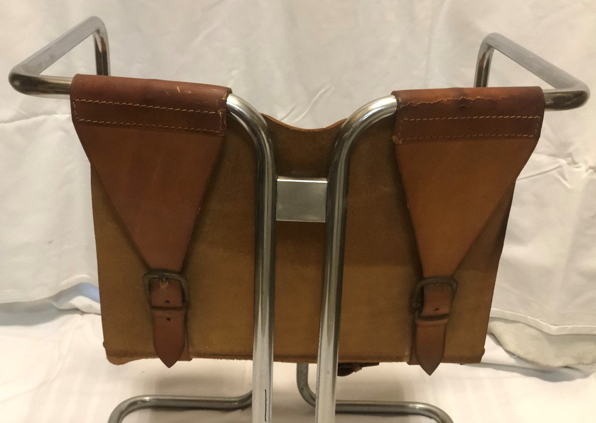 Piero Batini (xx°) Italy Design: "armchair In Chromed Tubular Steel And Leather" Signed On The Leather-photo-8