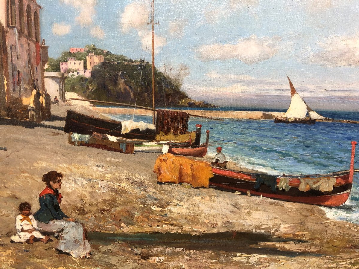 Bernardo Hay (1864-1931) Peintre Anglais vivant En Italie : "Capri, Vue du Port, Marina grande"-photo-1