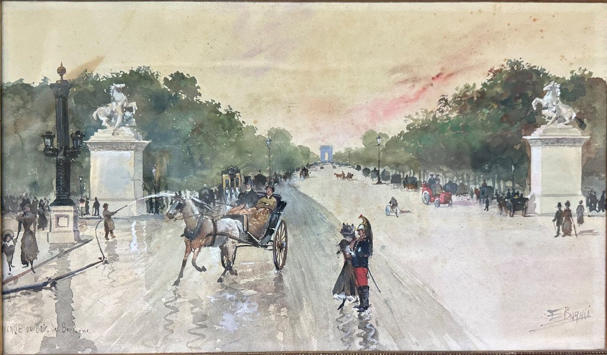 Edward Charles Barnes (act.1856-1882) British "the Animated Champs-élysées In Paris" Watercolor-photo-1
