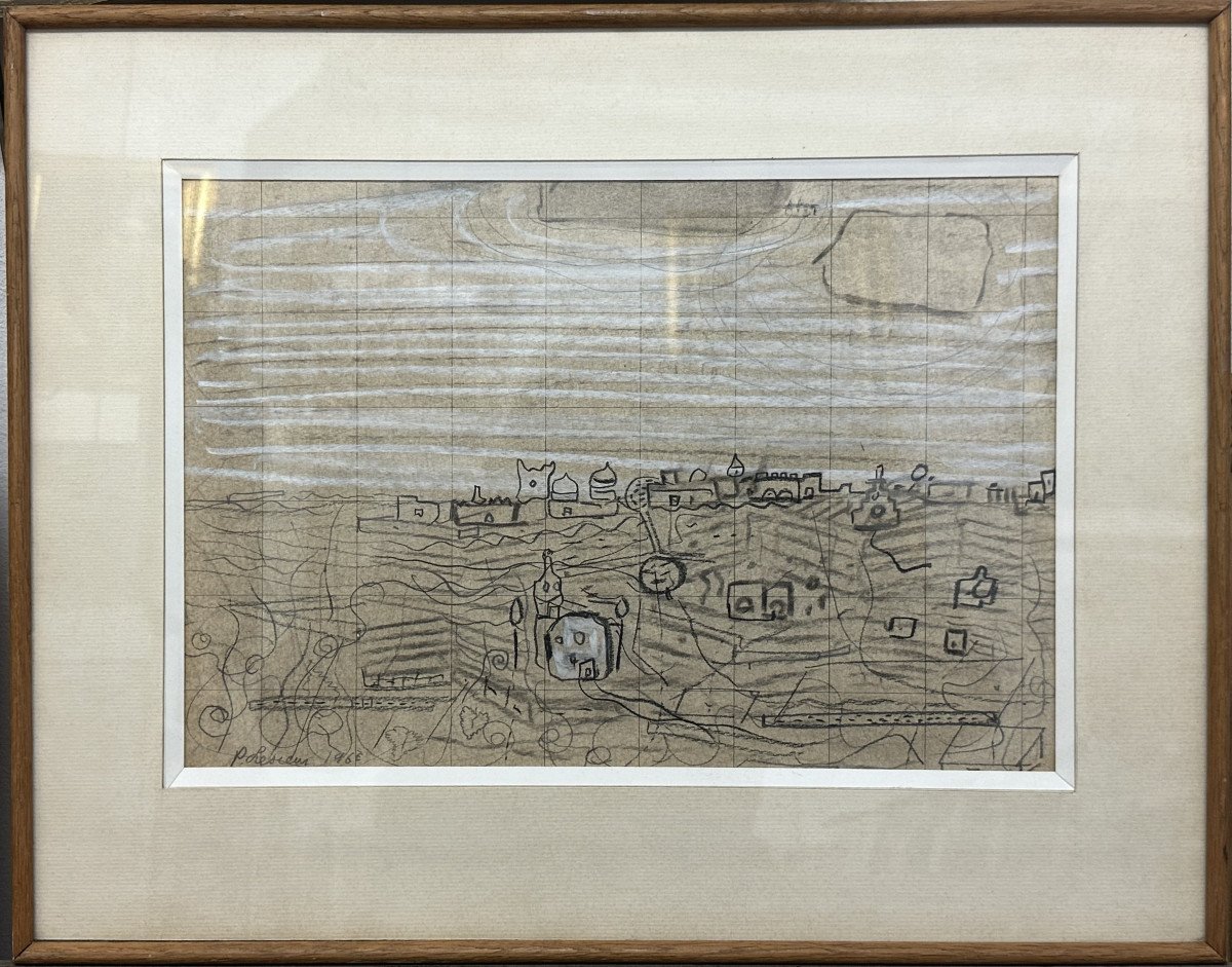 Pierre Lesieur (1922-2011) School Of Paris: “landscape”; Pencil Drawing Enhanced With White-photo-2