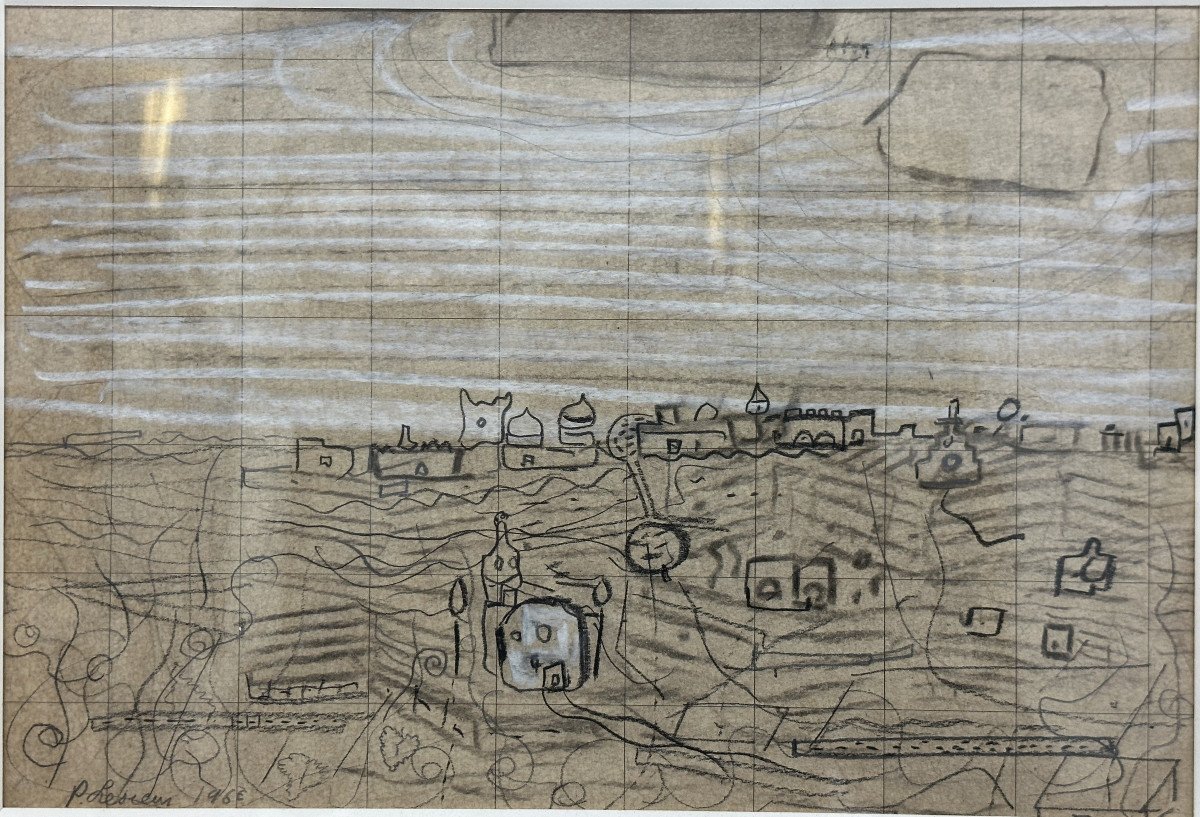 Pierre Lesieur (1922-2011) School Of Paris: “landscape”; Pencil Drawing Enhanced With White