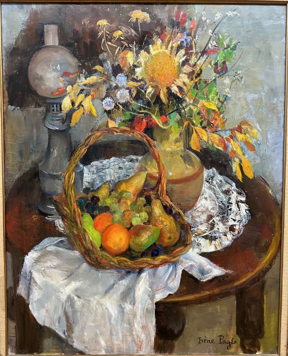 Irène Pages (born In 1934) “still Life With Sunflower And Bouquet”, Oil On Canvas, 92 X 73 Cm-photo-2