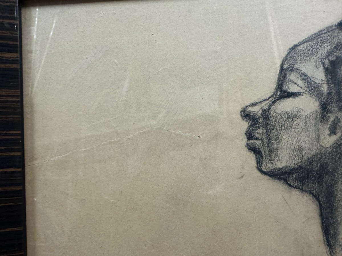 Grande étude au Fusain dans le gout d'Auguste Mambour Belgique XX°: "femme Africaine Assise"-photo-1