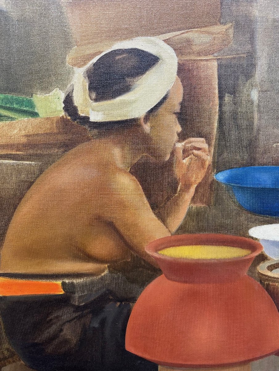 Emilio Ambron (1905-1996) Italie, Bali:"jeune Balinaise" Huile Sur Toile Signée, 81 X 65 Cm-photo-3