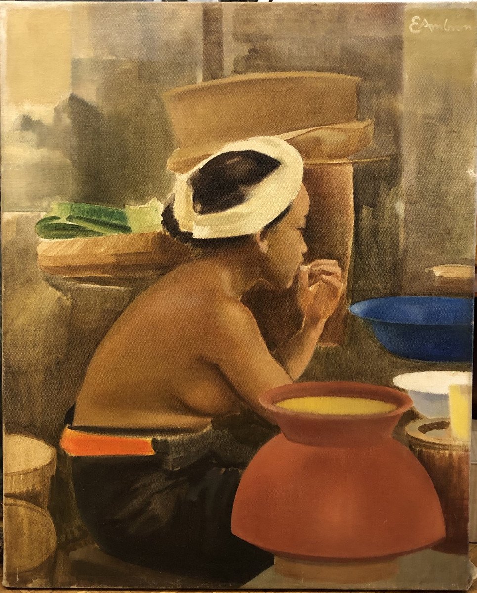 Emilio Ambron (1905-1996) Italie, Bali:"jeune Balinaise" Huile Sur Toile Signée, 81 X 65 Cm