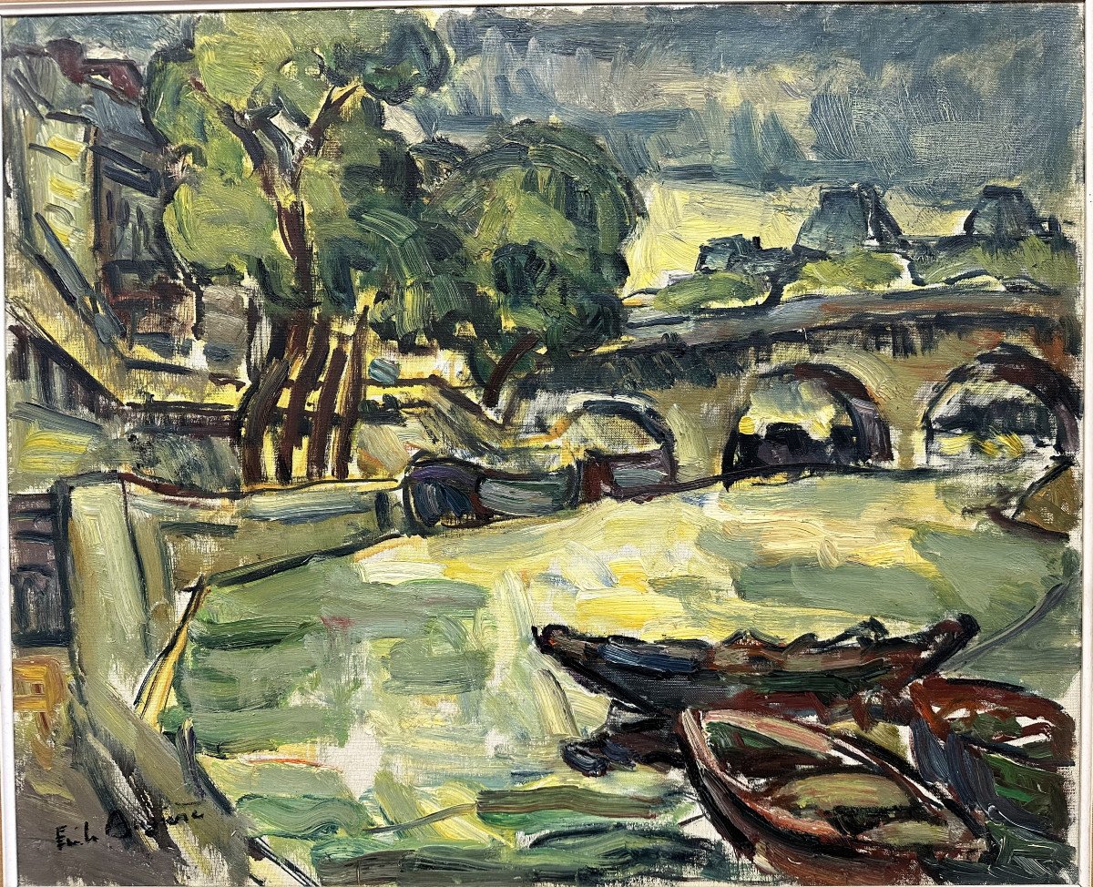 Emile Augière (1890-1960) Nimes: "view Of The Seine In Paris" Oil On Canvas, 60 X 71 Cm-photo-2