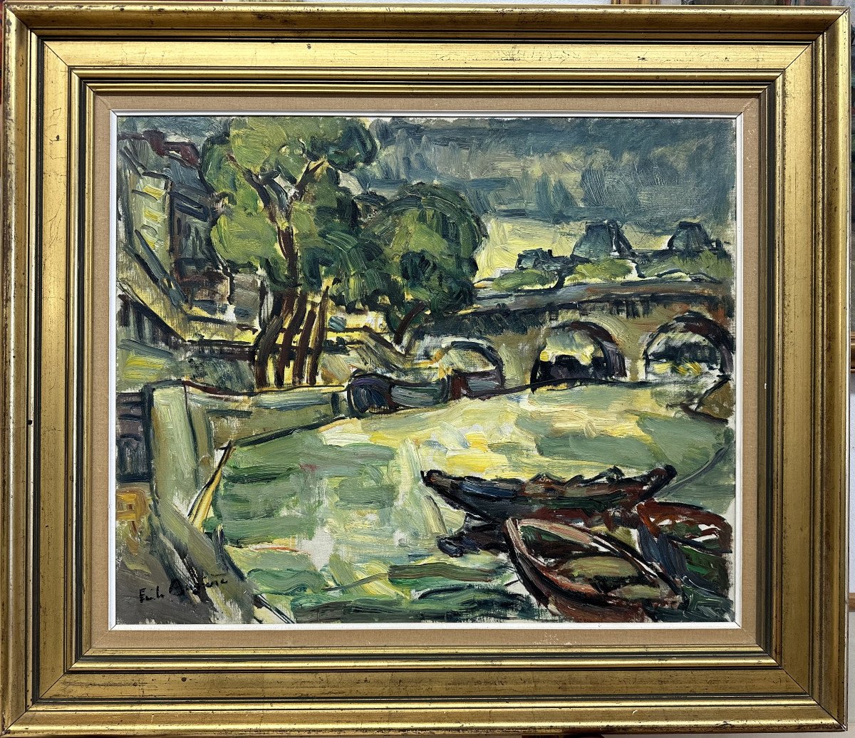 Emile Augière (1890-1960) Nimes: "view Of The Seine In Paris" Oil On Canvas, 60 X 71 Cm
