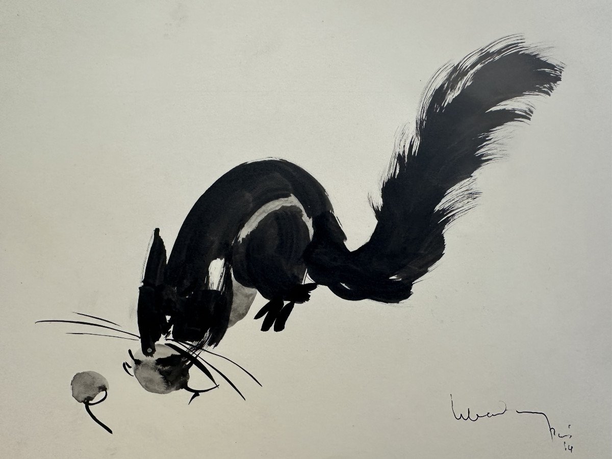 Dang Lebadang (1921-2015)indochina, Vietnam, Hué, Paris: "squirrel" Ink Wash With Brush 1954-photo-2