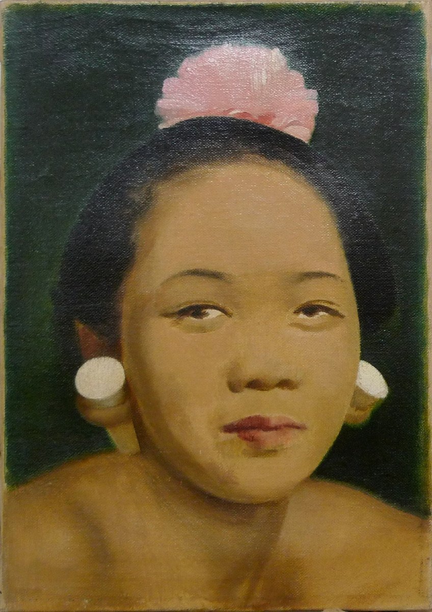 Emilio Ambron (1905-1996) Italie, Bali:"balinaise à La Fleur" Huile Sur Toile Monogrammée, Dimensions 37 x 26 cm