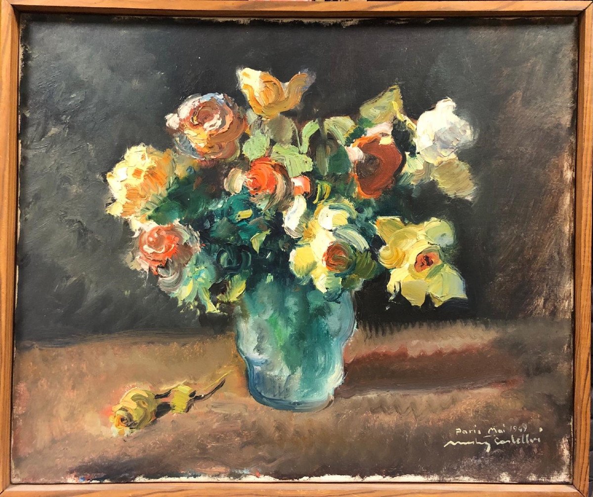 Luigi Corbellini (1901-1968) Italien:"fleurs Dans Un Vase" Huile Sur Toile Datée 1949 à Paris-photo-2