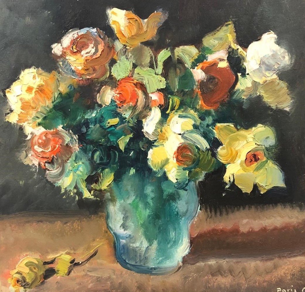Luigi Corbellini (1901-1968) Italien:"fleurs Dans Un Vase" Huile Sur Toile Datée 1949 à Paris