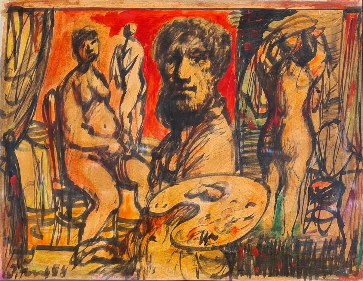 Vigny Sylvain (1903-1970) Austria-nice; “the Painter’s Workshop” Expressionism, Dated 58