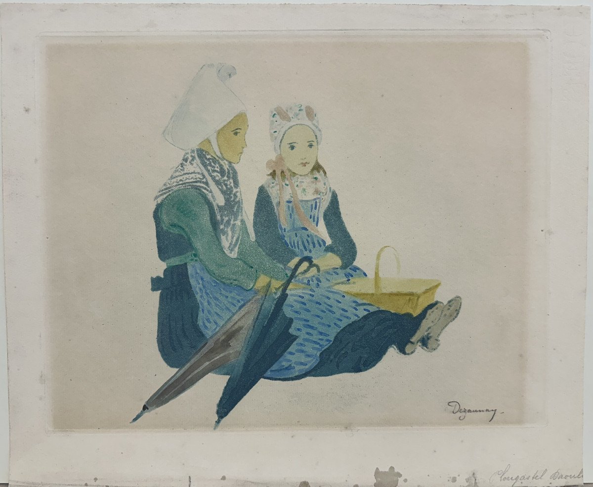 émile Dezaunay (nantes 1854-1938) "woman And Little Girl From Plougastel-daoulas" Hand Signed Print-photo-2