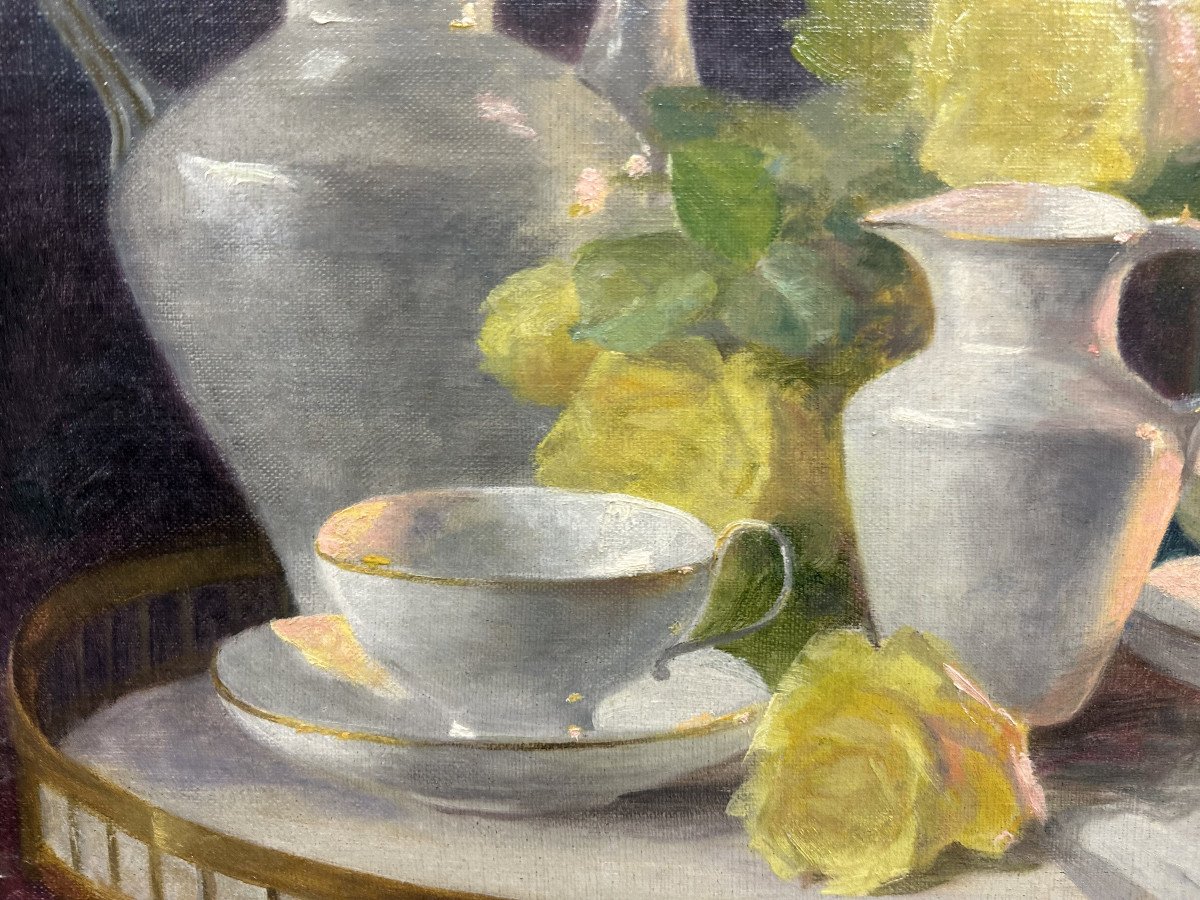 Thérèse Guérin (1861-1933) Lyon School "porcelain And Yellow Roses" Oil On Canvas 38 X 46 Cm-photo-2