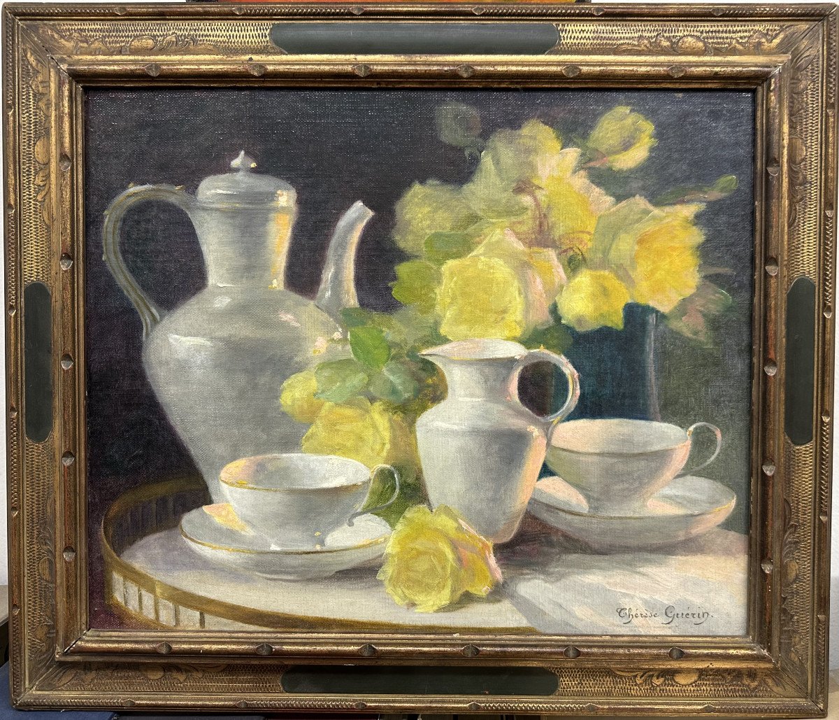Thérèse Guérin (1861-1933) Lyon School "porcelain And Yellow Roses" Oil On Canvas 38 X 46 Cm