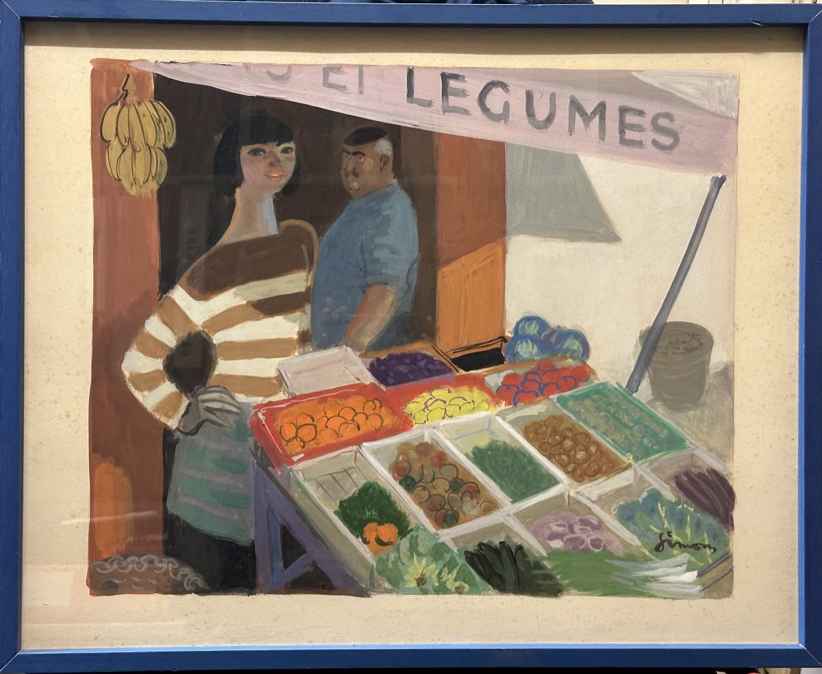 Simon XX°, Saint Tropez, BB, Bardot, Vintage, Côte d'Azur "Fruits et légumes" Gouache