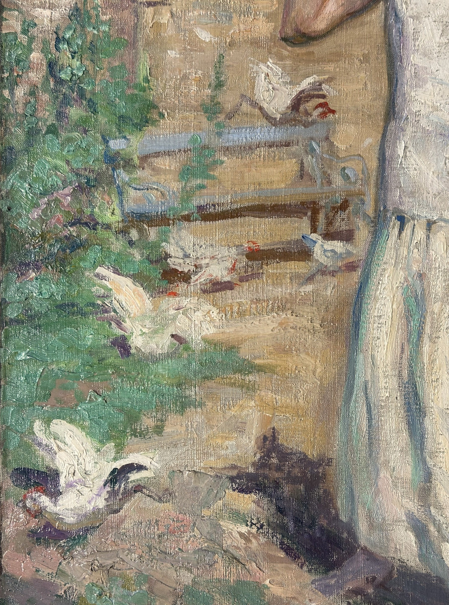Henri Vincent-anglade (1876-1956) Bordeaux "jeune Femme Dans Une Basse-cour" Huile Signée-photo-1