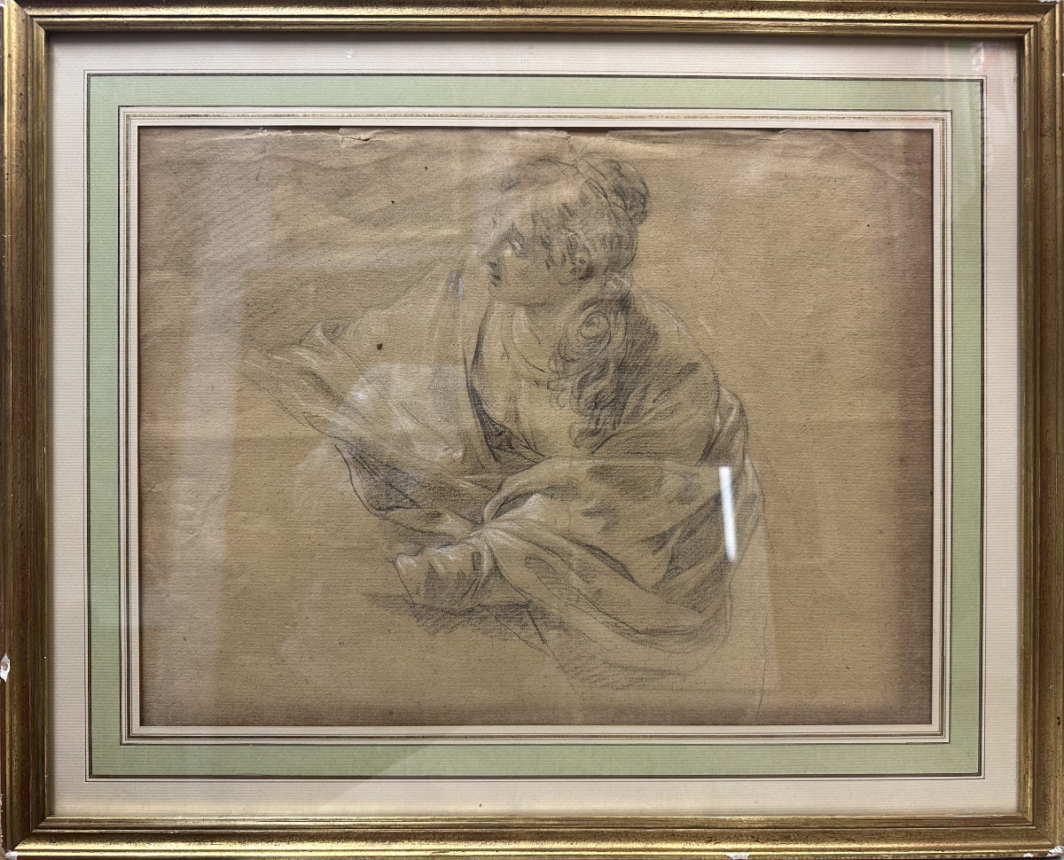 18th Century School "study Of A Woman" Graphite On Rag Paper Enhanced With White, As Is-photo-3