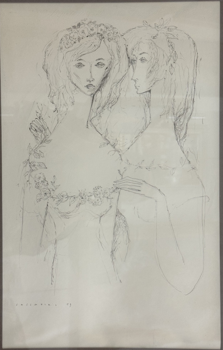 Jean Cassarini (1910-2005) Nice "les 2 Amies" Fusain signé daté 1959 bas gauche; Dim:47 x 30 cm-photo-2