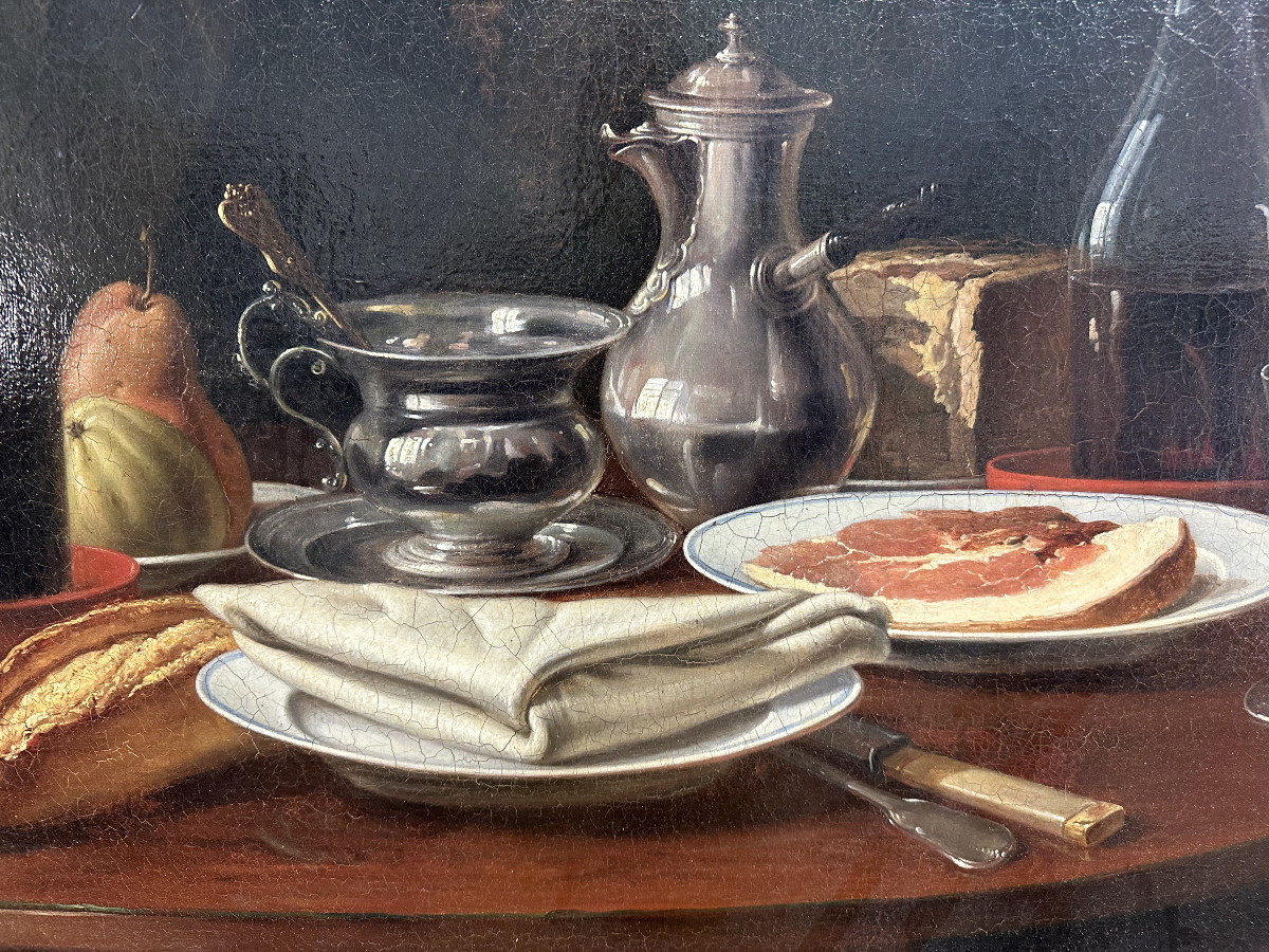 BOUVIER XIX° La tranche de lard, 1847. Huile sur toile, signée datée en bas à droite. 51x70 cm