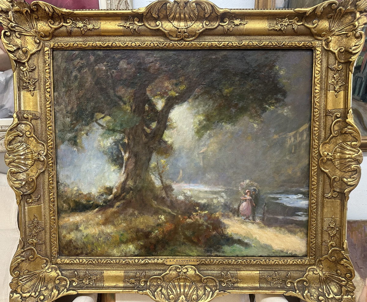 Albert CRESSWELL (1879-1936): Couple près d'un arbre; Huile sur toile signé bas gauche, 55 x 73