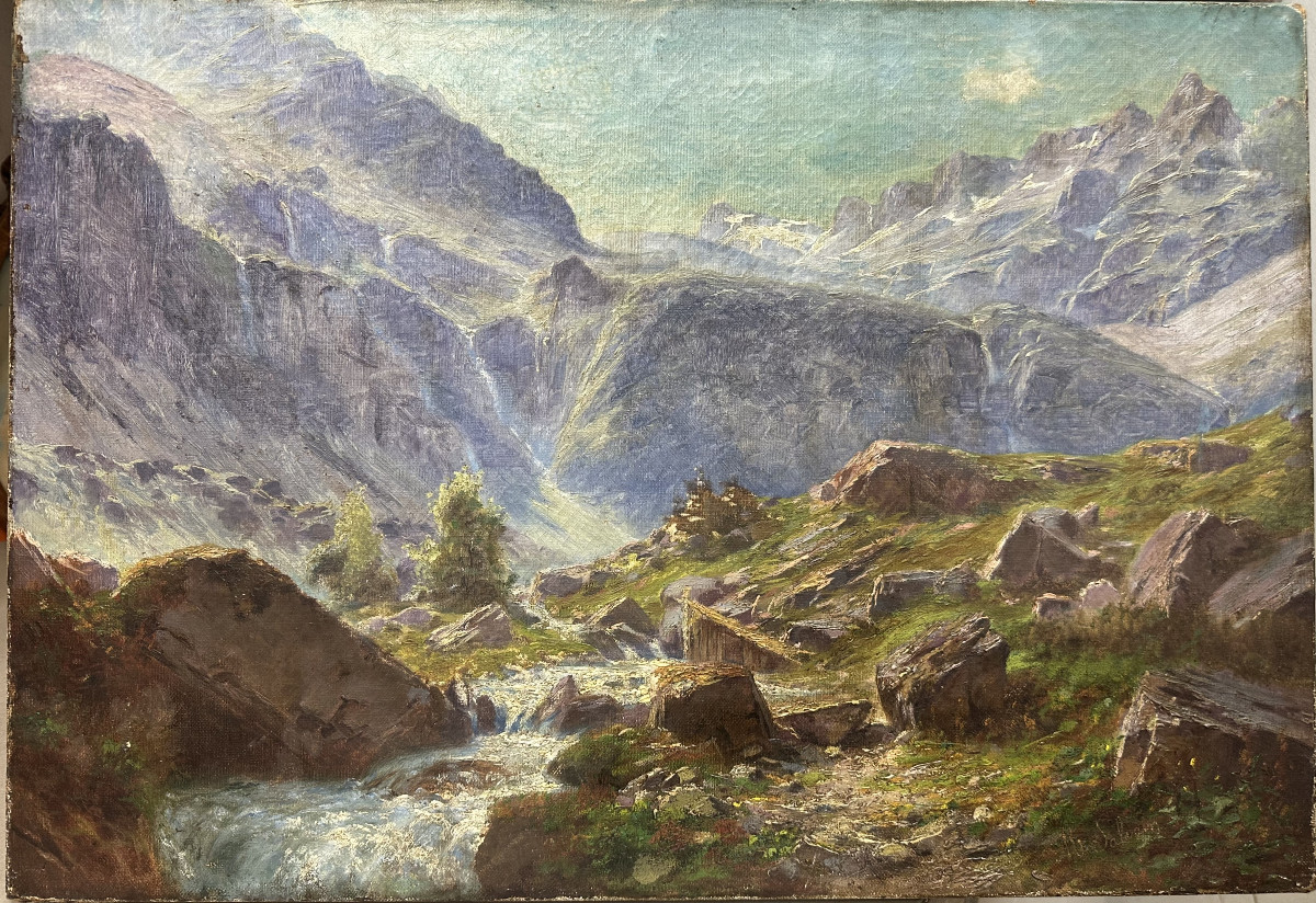 ecole française du XX° siècle "Cirque des cascades du Boulon" Signature illisible, à restaurer