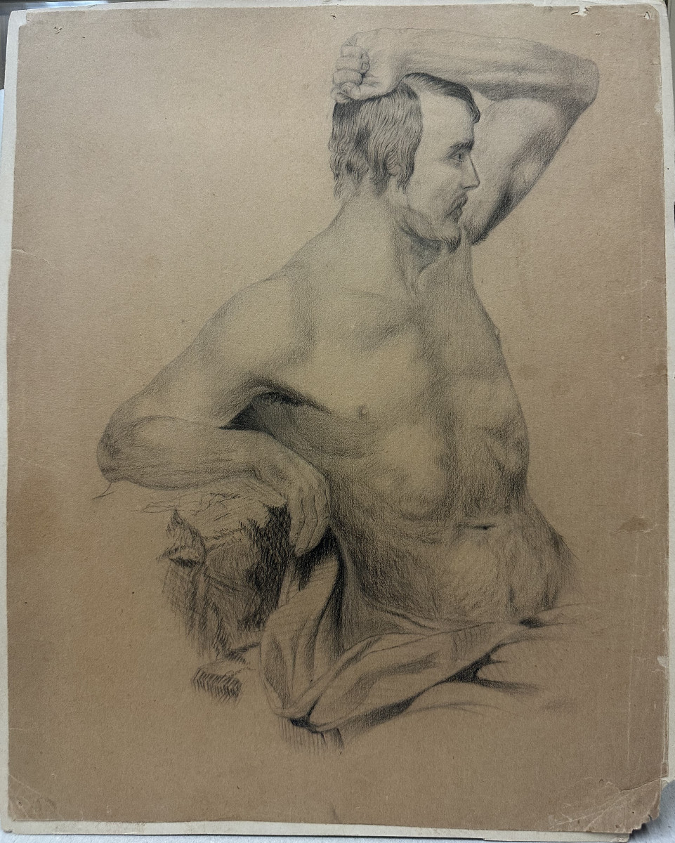 19th Century School: "académie d'Homme" Pencil Drawing Glued To The Back Of A Photo Of The Villa Soligny