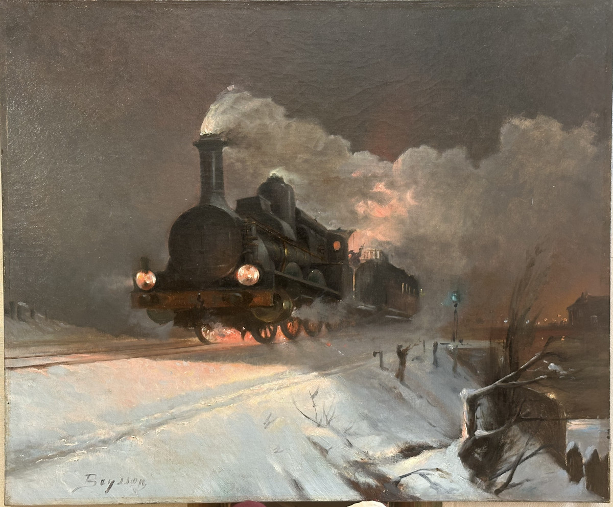 Louis BEYSSON 1856-1912 Lyon"Locomotive à vapeur et son tender"huile sur toile signé bas gauche-photo-2