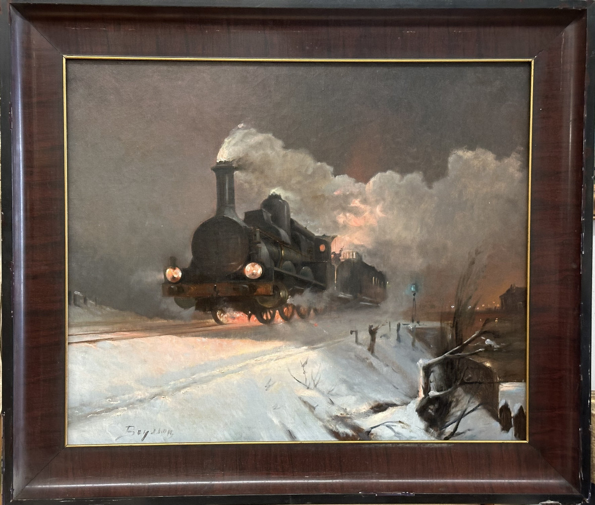 Louis BEYSSON 1856-1912 Lyon"Locomotive à vapeur et son tender"huile sur toile signé bas gauche