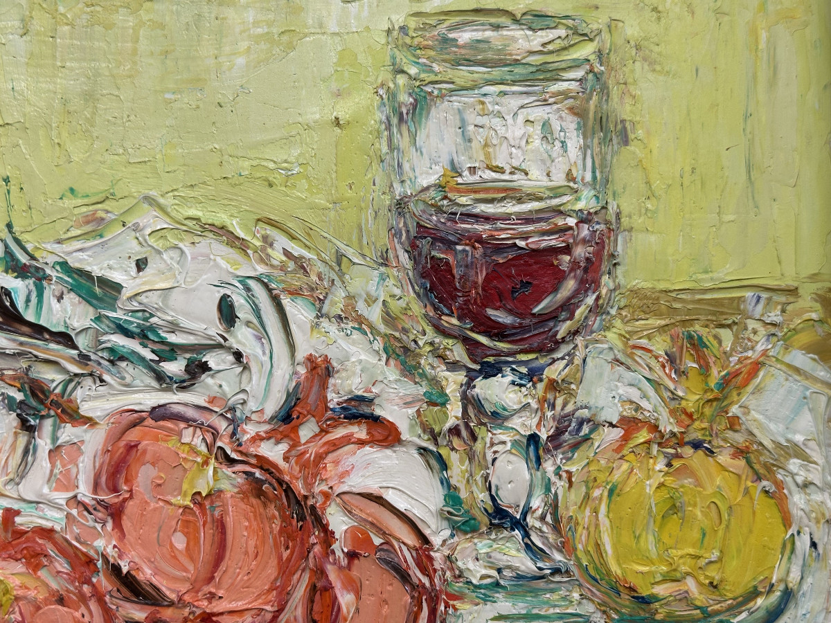 André Cottavoz 1922-2012 Lyon "Nature morte aux grenades et au verre de vin" Huile sur panneau-photo-4