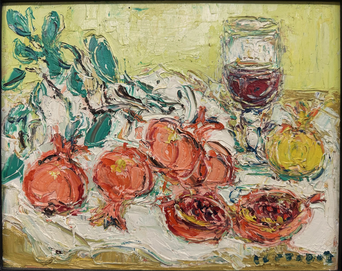 André Cottavoz 1922-2012 Lyon "Nature morte aux grenades et au verre de vin" Huile sur panneau-photo-2