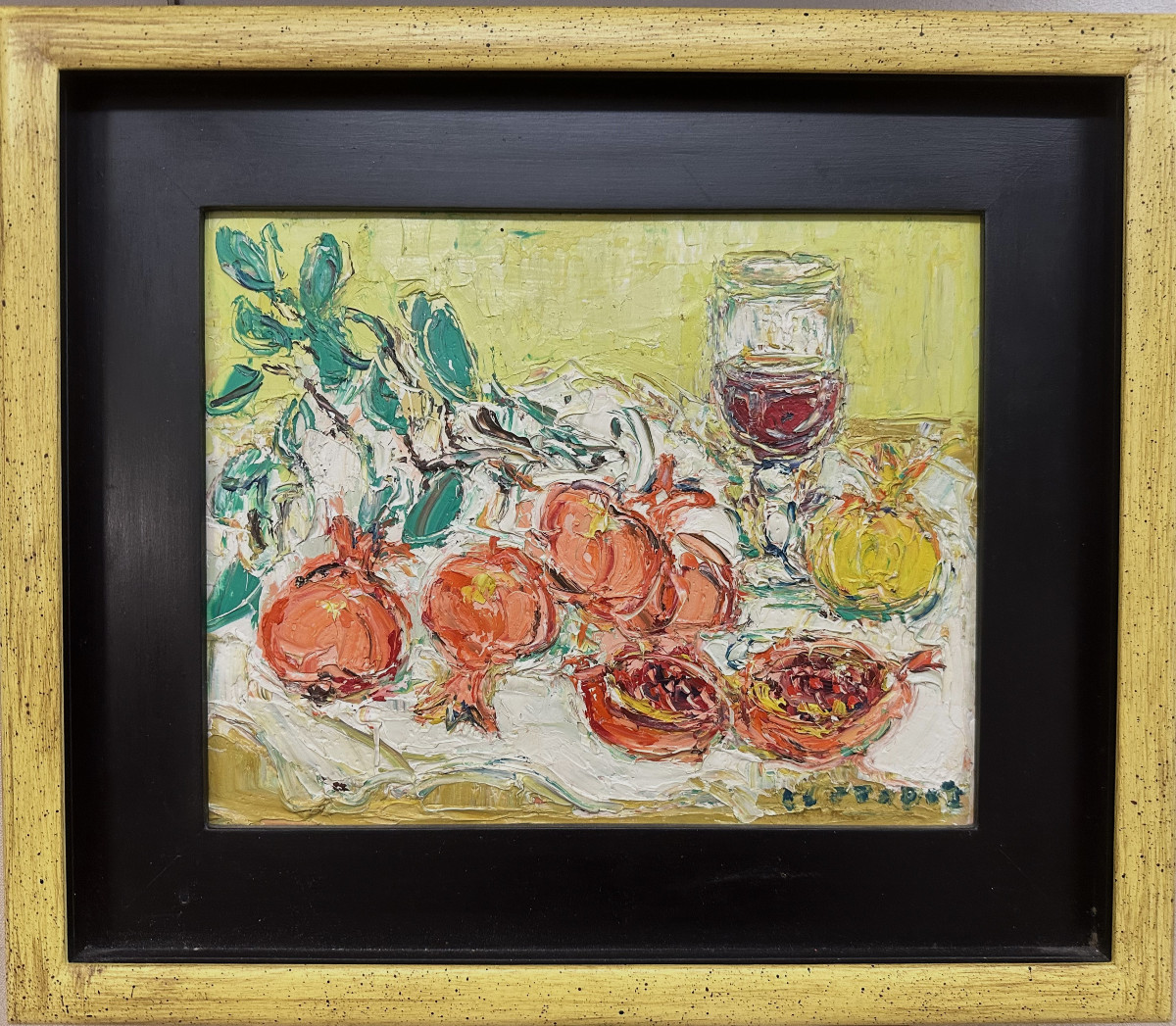 André Cottavoz 1922-2012 Lyon "Nature morte aux grenades et au verre de vin" Huile sur panneau