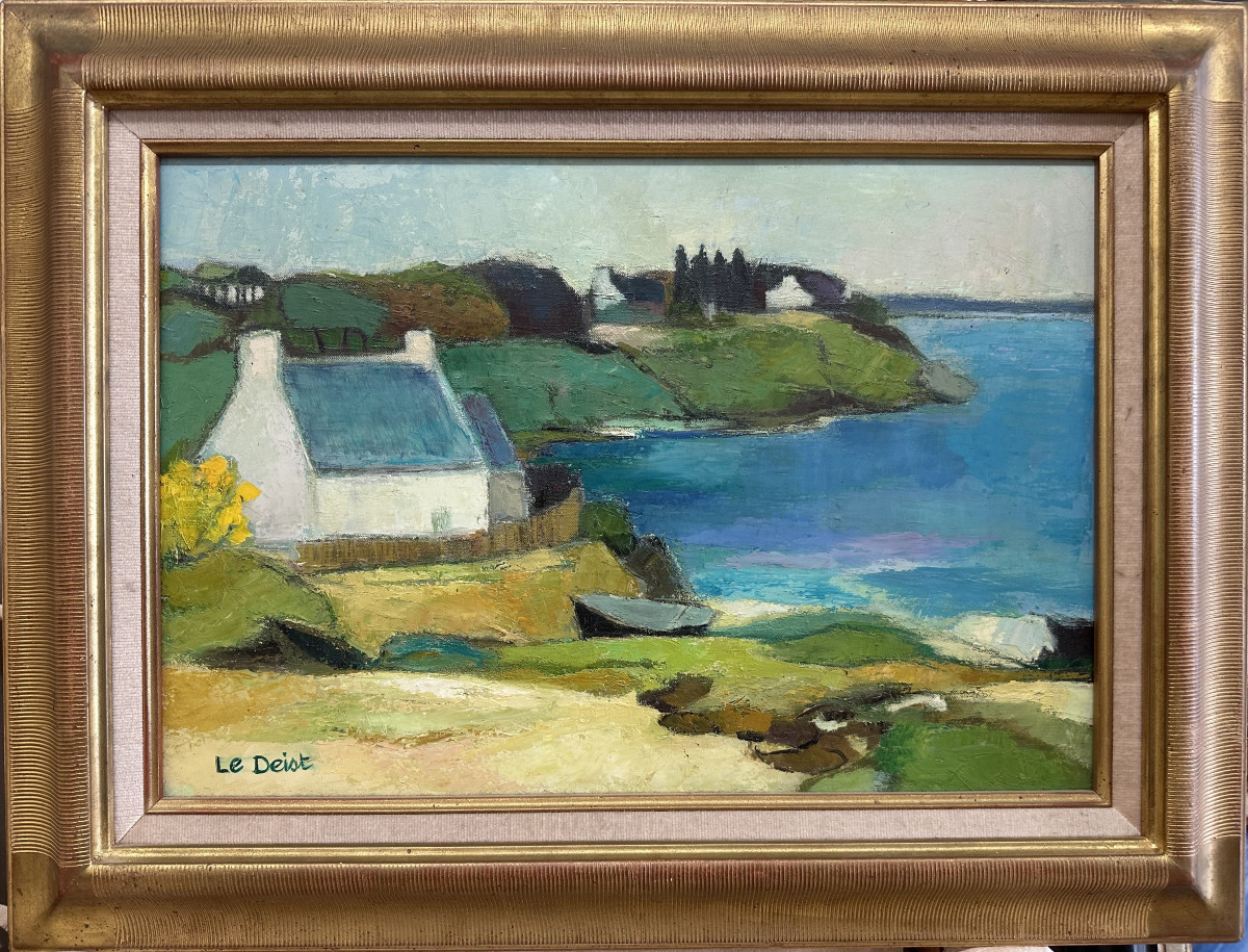 LE DEIST Maryvonne née en 1936 Bretagne "Maison bretonne à Quimiac" Huile sur toile 55 x 38 cm 