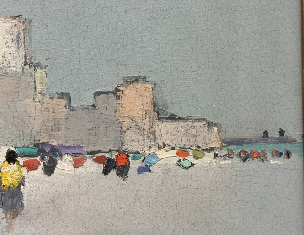 Georges ROUDNEFF(1933) "Personnages en bord de mer(Antibes ?)" Huile sur toile signé bas droite-photo-3