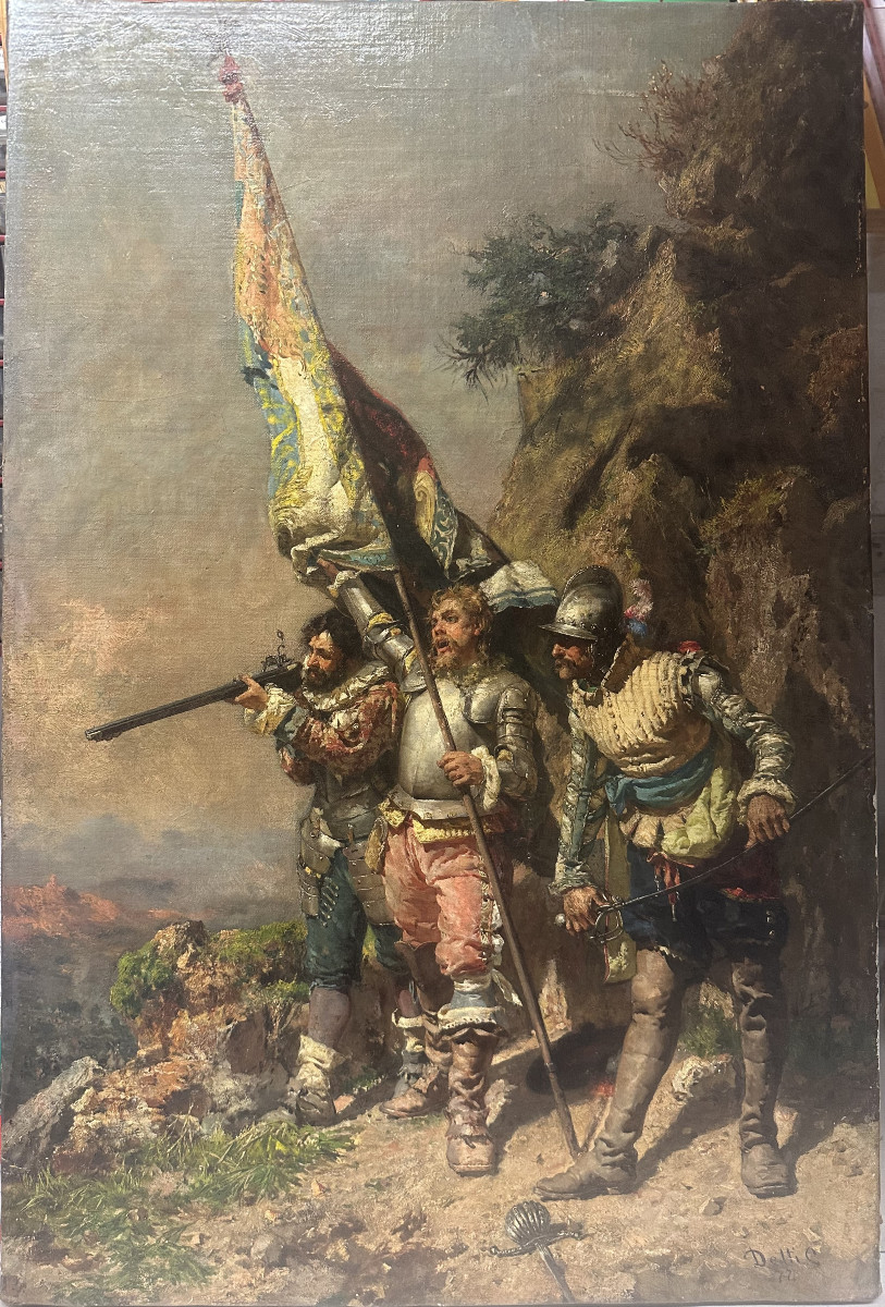 Cesare Augusto DETTI (1847-1914) Italie "Victoire !" Huile sur toile Signé daté 77, 70 x 39 cm-photo-2