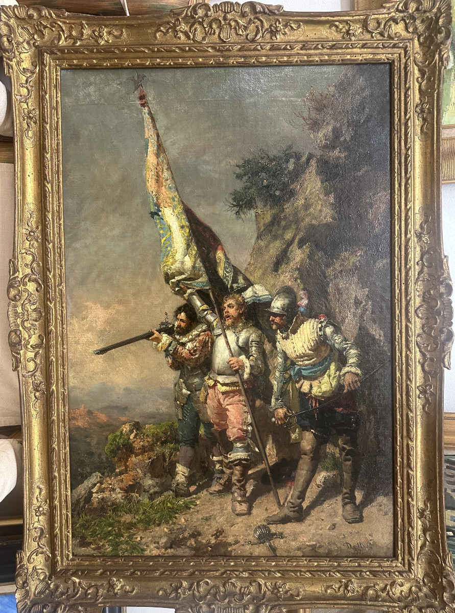  Cesare Augusto DETTI (1847-1914) Italie "Victoire !" Huile sur toile Signé daté 77, 70 x 39 cm