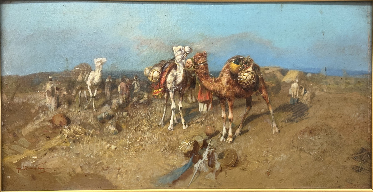 Tito Pellicciotti, Barisciano, Italy, 1871-1950, "the Caravan Halt", Signed, Oil On Panel-photo-2