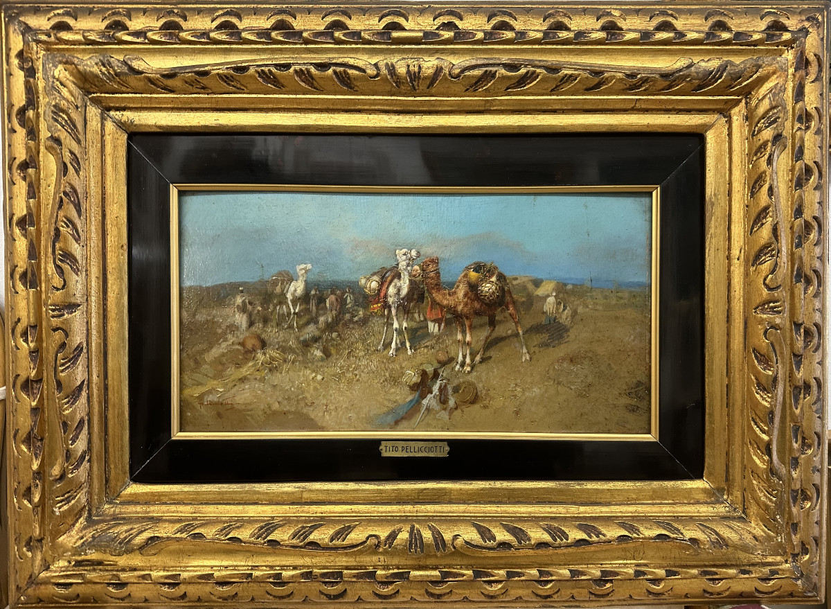 Tito Pellicciotti, Barisciano, Italy, 1871-1950, "the Caravan Halt", Signed, Oil On Panel