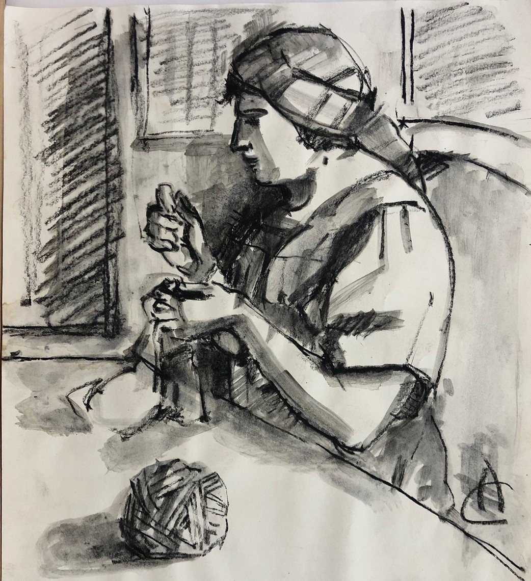 Alexandru CIUCURENCU (1903-1977) Roumanie "Femme cousant" Dessin à l'encre et lavis d'encre-photo-2