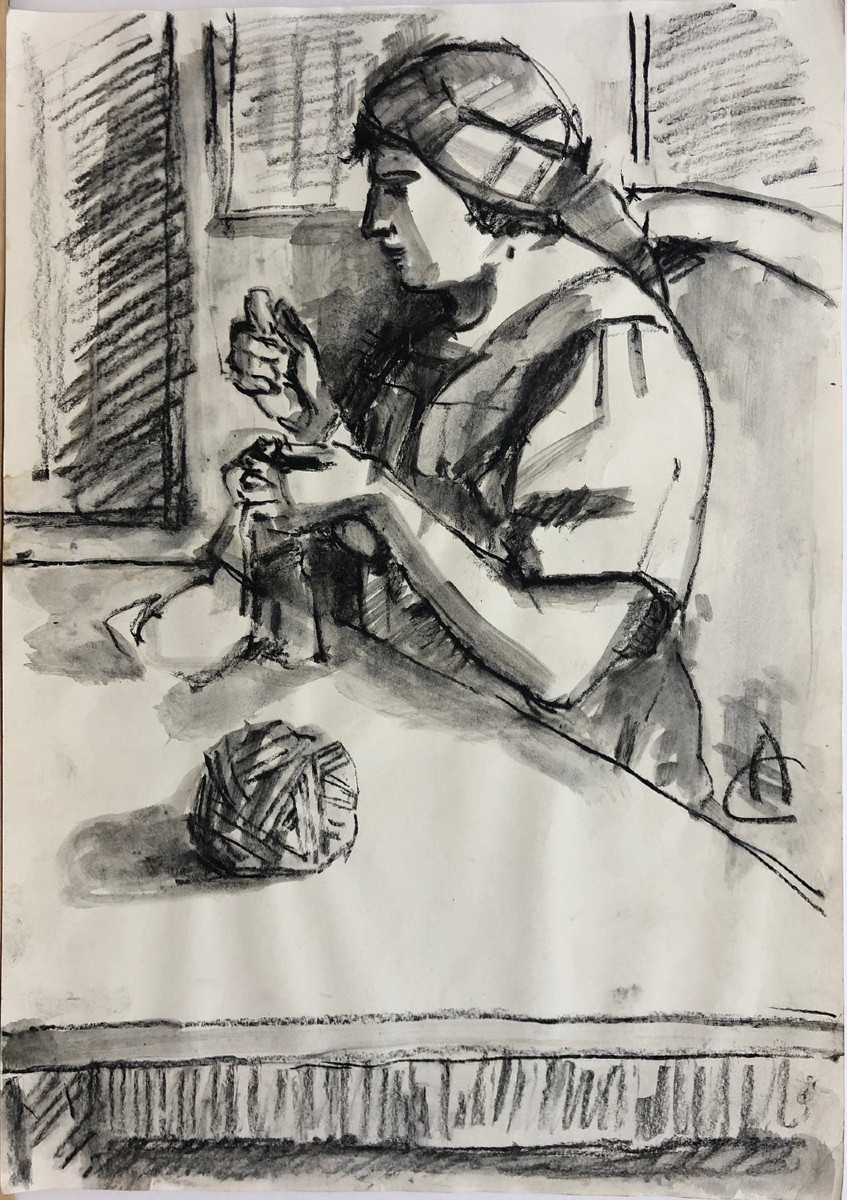Alexandru CIUCURENCU (1903-1977) Roumanie "Femme cousant" Dessin à l'encre et lavis d'encre
