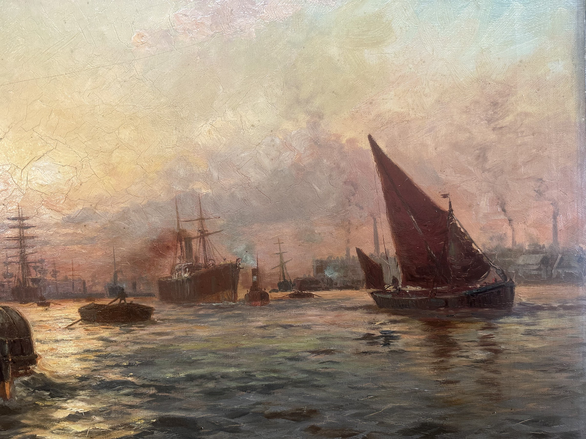 Charles John DE LACY (1856-c.1936) Anglais"Le port de Londres" Huile sur toile signée, 60x106cm-photo-3